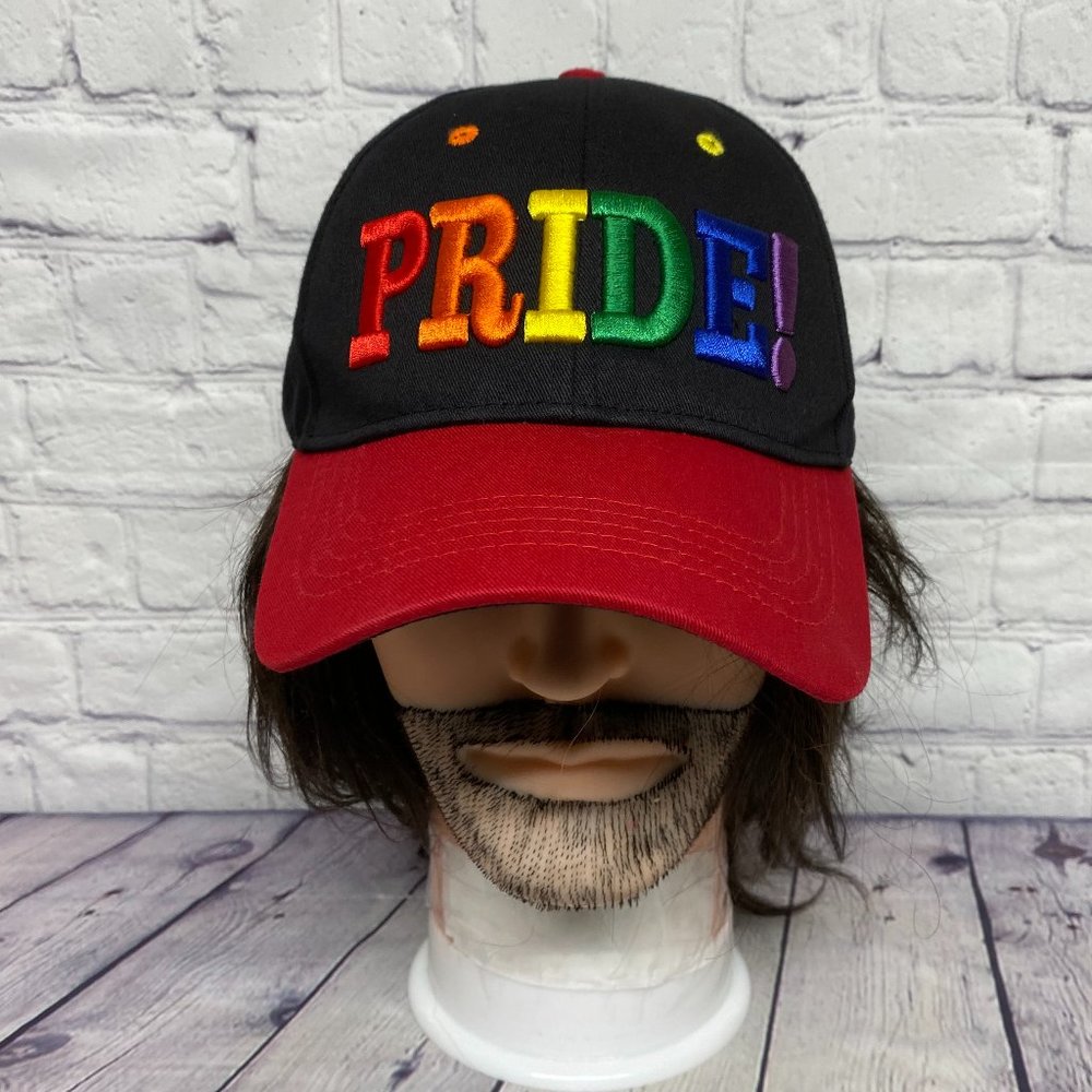 Sogo Sports Hat Cap Strap Back Black Red PRIDE! Puff Embroidered Rainbow Color